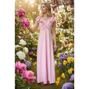 Vintage 70's Pink Maxi Dress Gown Ruffles Romantic Prairie Cottagecore Fairy